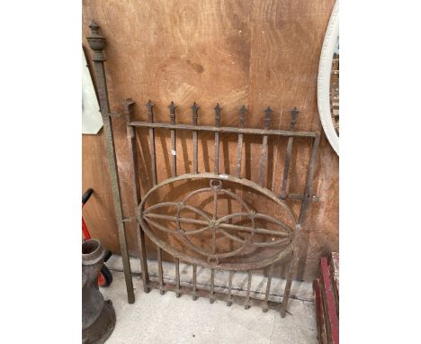 A HEAVY VINTAGE CAST IRON PEDESTRIAN GARDEN GATE AND GATE POST 
