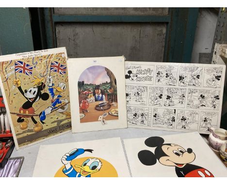 THREE VINTAGE WALT DISNEY WALL PRINTS ON BOARD TO INCLUDE A MICKEY MOUSE CARTOON SKETCH, MICKEY MOUSE AND DONALD DUCK CELEBRA