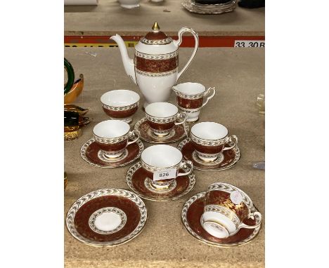 A GLADSTONE CHINA CRIMSON AND GILT COFFEE SET TO INCLUDE COFFEE POT, CREAM JUG, SUGAR BOWL, FIVE CUPS AND SIX SAUCERS 