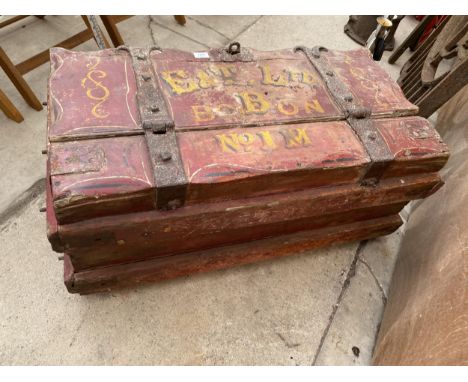 A HEAVY 19TH CENTURY LIVING VAN/WAGON TRUNK HAVING MOST SUBSTANTIAL BLACKSMITH MADE IRON HINGES DIVIDED AND CURLED TO ONE END