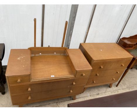 A RETRO LIGHT OAK DRESSING TABLE (LACKING MIRROR) AND MATCHING CHEST OF THREE DRAWERS 