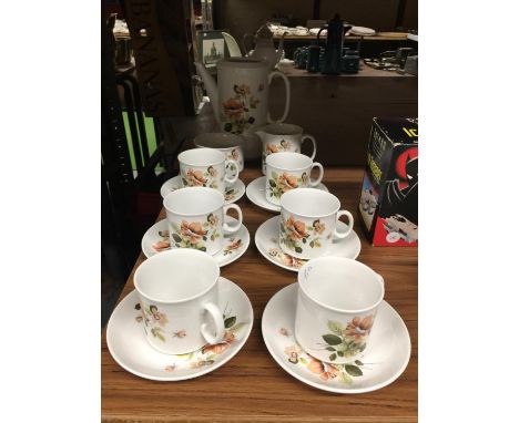 A ROYAL TUDOR WARE COFFEE SET TO INCLUDE COFFEE POT - NO LID- CREAM JUG, SUGAR BOWL, CUPS AND SAUCERS 