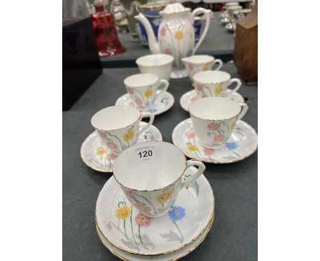 A DELPHINE CHINA TEASET TO INCLUDE A COFFEE POT, CREAM JUG, SUGAR BOWL, CUPS AND SAUCERS 