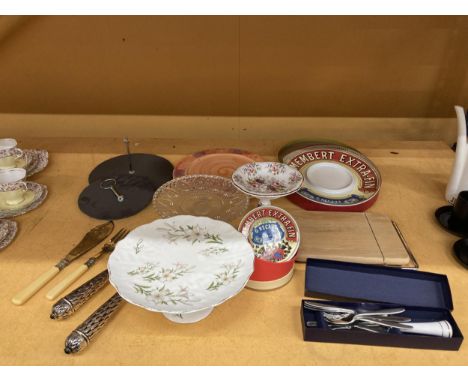 THREE CAKE STANDS - 1 A/F, CAMEMBERT PLATE AND POT, ROYAL WORCESTER BOXED CAKE SLICE, FLATWARE, ETC 