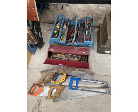 TWO METAL TOOL BOXES AND AN ASSORTMENT OF TOOLS TO INCLUDE SAWS, HAMMERS AND PLIERS ETC 
