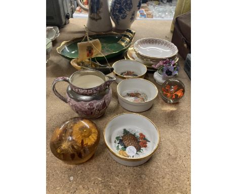 A CARLTON WARE 'VERT ROYALE' ORIENTAL STYLE BOWL, PAPERWEIGHTS, CHINA SAUCERS, WEDGWOOD JUG, SHIP, ETC 