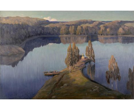 Petr Nikolaevich Vagner (Russian, 1862-1932)A chapel on Lake Ladoga signed in Cyrillic and dated '1924' (lower right)oil on c