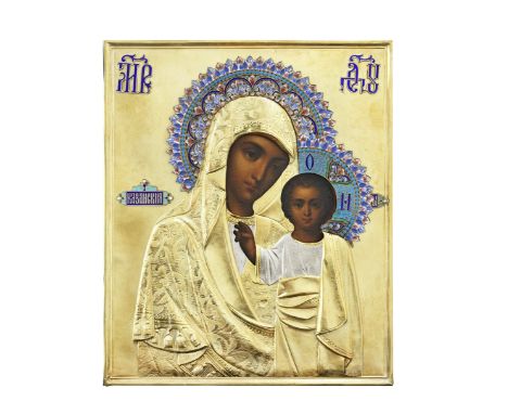 The Mother of God of Kazanmaker's mark in Cyrillic 'SG', Moscow, c. 1908-1917realistically painted, in repoussé, chased and e