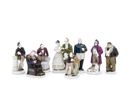 A group of eight Soviet porcelain figurines based on Nikolai Gogol's novel 'Dead Souls' and comedy 'The Government Inspector'