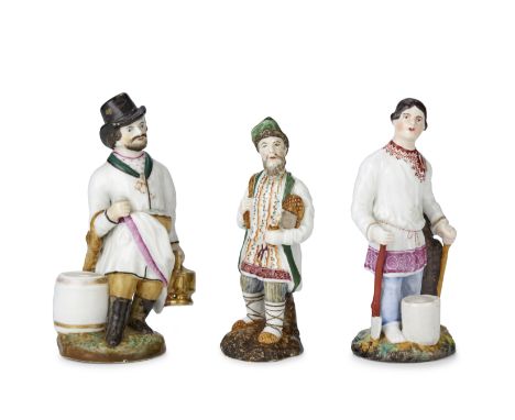 A group of three porcelain figuresall probably by Kudinov Porcelain Factory, 1840-1860 First: modelled as a street vendor sel