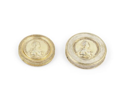 Two Silver-gilt BonbonnièresRussia, late 18th - early 19th centurythe larger circular, the detachable cover set with a medall