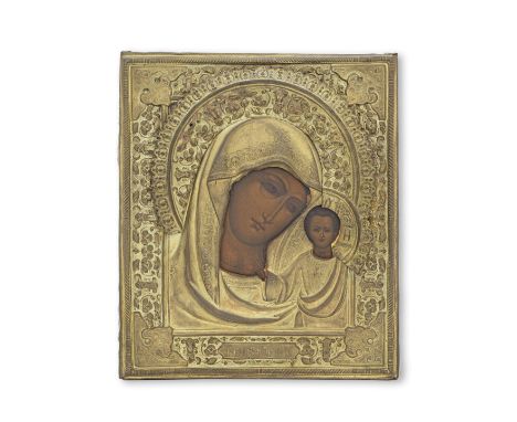 Kazan Mother of GodRussia, 19th centurytraditionally painted in strong colours in repoussé chased and engraved brass oklad 31