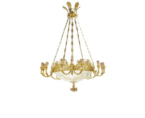 A fine ormolu and cut-glass twenty-light chandelierRussia, probably St. Petersburg, c. 1820 the corona cast with foliate plum