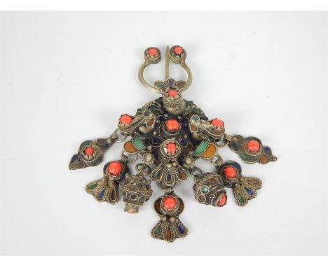 An Algerian, enamelled silver cloak pin or brooch (Fibula) of the Berber People; approximately 8cm long. 