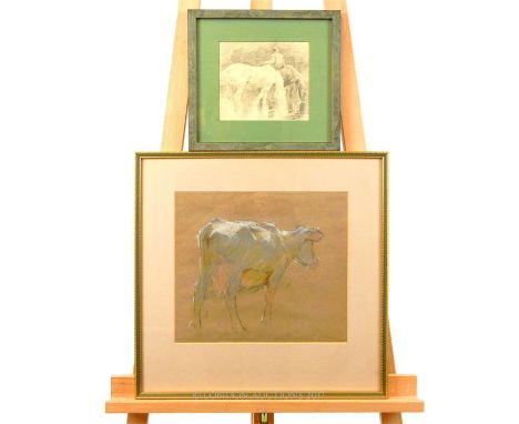 A pastel study of a cow (sight size 27cm x 31cm) together with a pencil sketch of two horses drinking from a river (sight siz