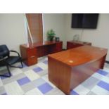 LOT OF OFFICE FURNITURE: (2) desks, w/ filing cabinets, 2-drawer cabinet, book case, 3.5' round