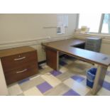 LOT OF OFFICE FURNITURE: L-shaped desk, (2) chairs, 2-drawer file cabinet, book case, 3-drawer