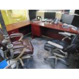 LOT CONTENTS OF OFFICE: (2) L-shaped desks, table, Panasonic microwave, Frigidaire refrigerator (