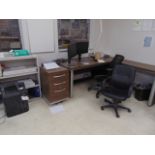 LOT CONTENTS OF OFFICE: L-shaped desk, (2) carts, (1) file cabinet, (2) 60" x 110" staging