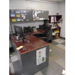 LOT CONTENTS OF OFFICE: L-shaped desk, w/ overhead storage, (2) book cases, (3) file cabinets,