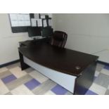 LOT OF OFFICE FURNITURE: l-shaped desk, w/ file cabinets, 3.5' round table, (3) chairs, portable