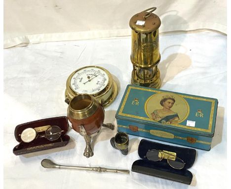 A miner's lamp; a barometer; 2 pairs of gold rim glasses; etc. 