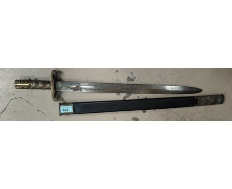 A Brunswick style bayonet with brass handle and guard, with leather scabbard, length 59cm. 