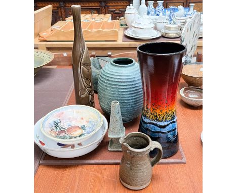 A tall waisted Poole vase with mottled blue and red decorations bronzed Chinese ribbed vase, three stoneware lamps etc 