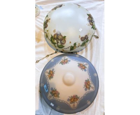 An early 20th century light bowl with etched floral decoration with blue border and another similar painted with fruit 