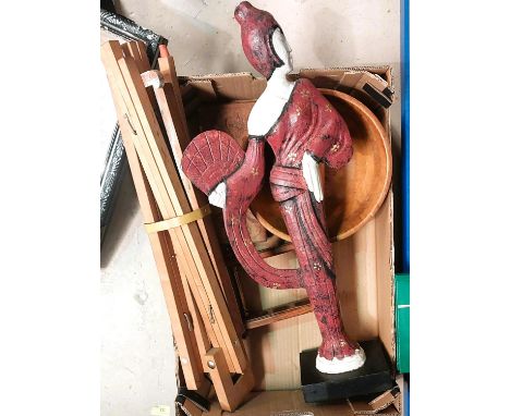 An artist's folding easel, a pipe stand, vintage accordion etc 
