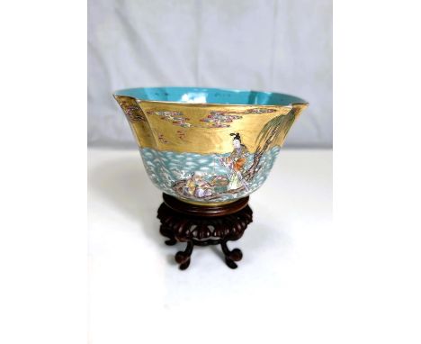 A Chinese shaped square bowl with polychrome enamel decoration of deities on islands and choppy sea with gilt sky, 4 characte