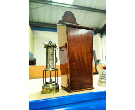 A Georgian mahogany candlebox; a miner's lamp (glass a.f.) 