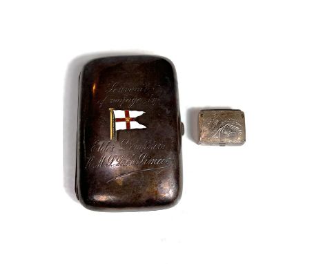 A hall marked silver cigar case with enamel flag of shipping interest, 'Souvenir' of Voyage by Elder Dempster's R.M.S Lake Si