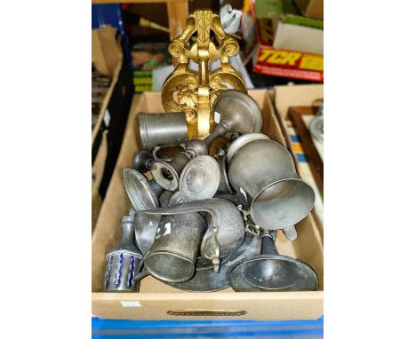 An oak gilded wall bracket; a selection of pewter.