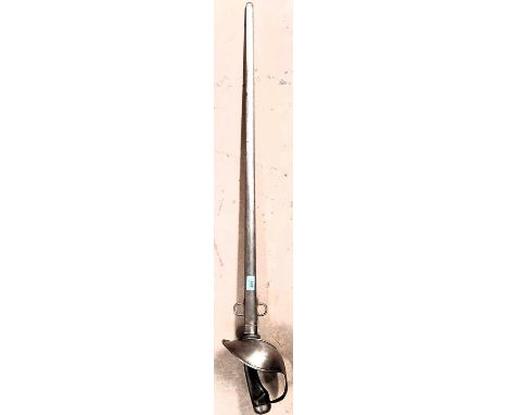 A late 19th century/early 20th century Officers Cavalry Sword, large steel hand protector, thin tapering blade with scabbard,