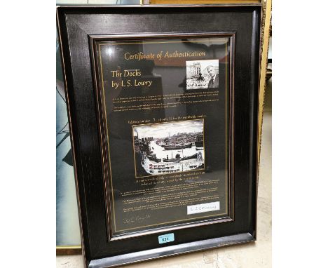 L.S. LOWRY: Limited Edition print "The Docks", number 9 of 75 prints in custom frame, 44 x 29cm overall image size