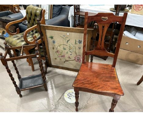 A 1930's oak barley twist stick stand with 2 divisions; a needlework firescreen; a mahogany hall chair 