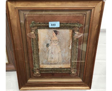 A Victorian watercolour portrait of a bride, dated May 20th 1854, with cushion surround, in guilt frame and glazed 18x13cm.;&