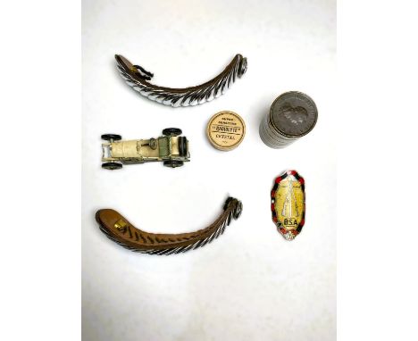 A pair of military epaulettes; a BSA badge; a Trench Art coin holder; 2 'Radiolyte' crystals; a vintage Lesney model Mercedes