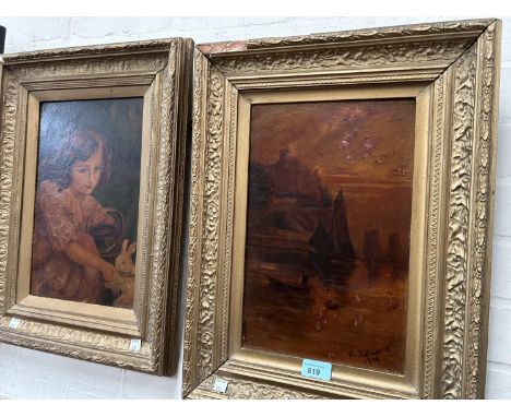 R. Edwards: 'Feeding the Rabbits', oil on board, young girl feeding rabbits, gilt frame, 35 x 22cm; R. Edwards: oil on board,