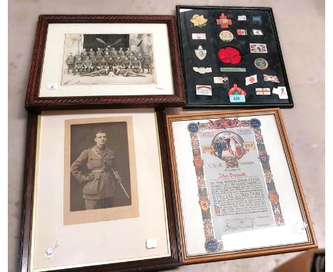 A Special Constable certificate, WWI period, framed, an early Poppy and other flags, framed, 2 military photographs 
