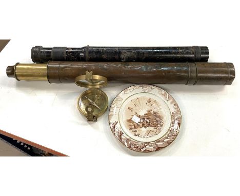 A 19th century brass 2-sectional telescope (some dents to body); a modern brass military compass; an 'Old Bill' humorous mili