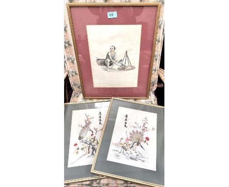 A late 18th/19th century print of Chinese man cutting a fish, two Chinese silk embroideries framed 