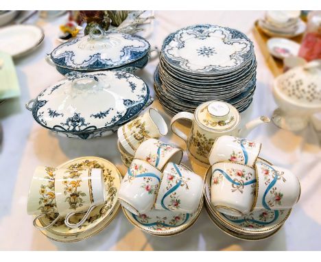 A Victorian "Cambridge" part dinner service in blue &amp; white with 2 covered tureens, 24 pieces approx.; a similar blue &am