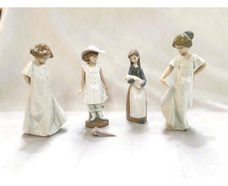 Three Nao figures:&nbsp; 2 x girls in long dresses; girl with parasol; a Lladro girl with piglet, impressed 1011 