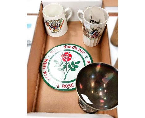 A Lancaster Rose enamel plaque with associated photograph, 3 pieces of WWI peace ceramics; an EPNS goblet 