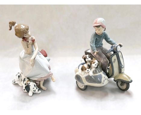 Two Lladro groups:  boy on motor scooter with puppies in side car, impressed 3794, height 20cm; girl on telephone seated with