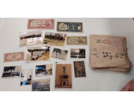 A Japanese WWII period silk scarf with inscriptions, related photos etc 