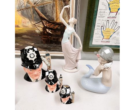 3 graduating Royal Doulton "London Bobby" character jugs (large one is a seconds); a Nao mermaid &amp; dancing figurine. 