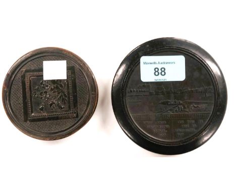 An early 19th century lacquer patch box with embossed view of Westminster Bridge, 10cm; another in pressed horn, 75cm 